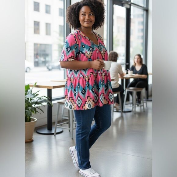 EUC Southern Stitch Pink Blue Aztec Print V Neck Tier Ruffle Blouse Top- Size XL - Picture 1 of 5